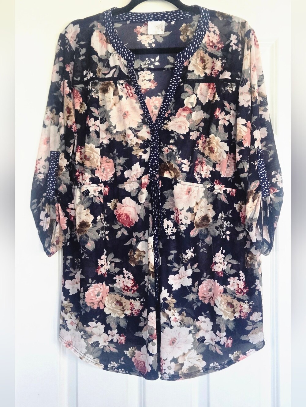 Navy Floral Tie-Front Boho Tunic Top with Dot-Trim